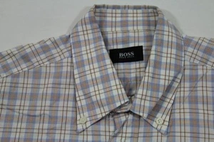 HUGO BOSS Camicia Manica Corta 40 Bianco Arancia Blu Nero Scacchi Molto #E7225 - Foto 1 di 1