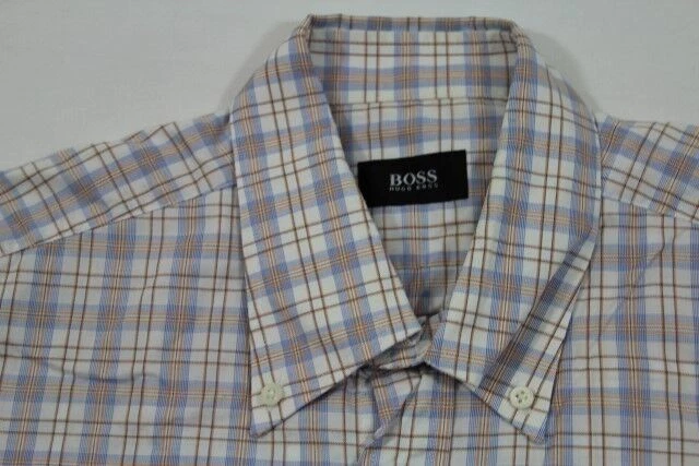 HUGO BOSS Camicia Manica Corta 40 Bianco Arancia Blu Nero Scacchi Molto #E7225 - Immagine 1 di 1