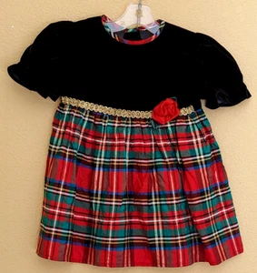 VTG 80s Holiday Dress Girl Size 2T-3T Velvet Black Gold & Christmas Plaid No Tag - Picture 1 of 5