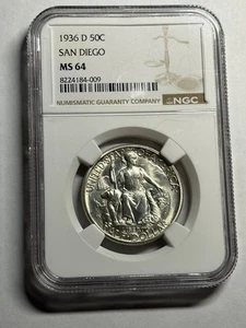 1936-D San Diego Half Dollar 50c NGC MS64 Blast White Nice Strike - Picture 1 of 4