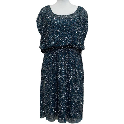 Mini Vestido Aidan Mattox Verde Azulado Plateado Lentejuelas Blusa Fiesta Talla 10 Brillante Cóctel Foto 1 de 4