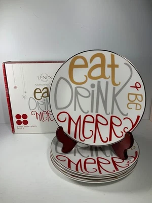 Juego de 4 platos de aperitivo Lenox Eat Drink & Be Merry Holiday de 8 pulgadas Nuevo en caja Foto 1 de 4