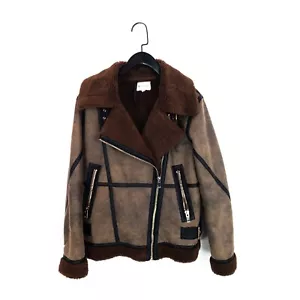 Warehouse Brown Black Aviator Biker Jacket - Size 6 Oversized - Picture 1 of 20