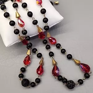 Vtg Glass Beaded Necklace Set of 2 AB Red Teardrop Black Round 21-28" - Picture 1 of 15