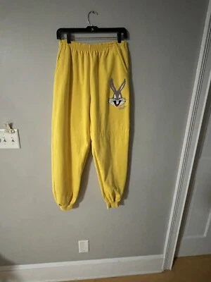 Bugs Bunny Sweatpants Womens L Yellow Embroidered Logo Tapered Leg Elastic Waist - Image 1 of 4