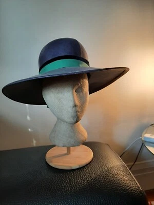 Vintage Atelier Lucas (Otto) Hat UK Wide Brim Navy Straw Green Ribbon S 21"  - Image 1 of 4