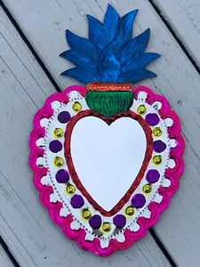 Huge Mexican Hand Painted Red Punched Tin Mirror Sacred Heart Milagro 11x7 Q32 - Picture 1 of 3
