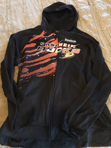 ANAHEIM DUCKS Hockey REEBOK Center Ice Size LARGE Hoodie NHL Sweatshirt Black Cover