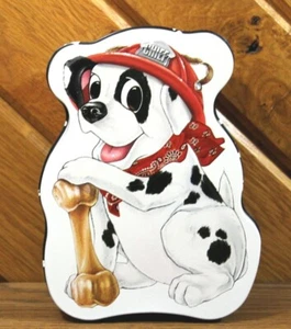  Vintage dog treat tin container with fire chief Dalmatian puppy on lid bandana  - Picture 1 of 3