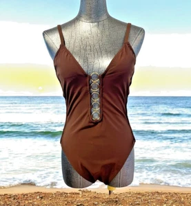 Michael Kors One Piece Swimsuit Brown with Gold Metal Accents Size 8 - Picture 1 of 7