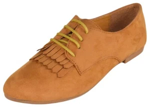 Women Lace Up Flats Almond Toe Tassel Boyfriend Oxford Style MASIE-51 Tan Brown - Picture 1 of 4