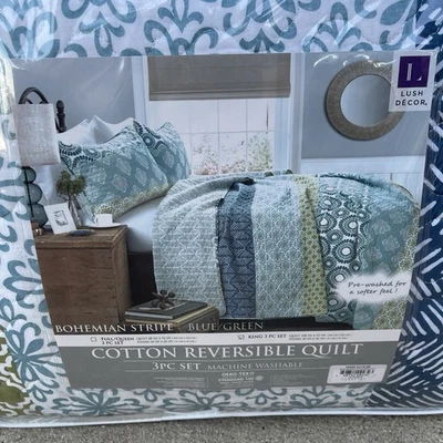 Juego de edredón decoración exuberante algodón a rayas boho, azul/verde, king Foto 1 de 3