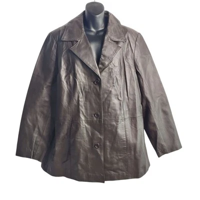 Dialogue Womens Leather Jacket Coat Taupe/Gray Collar Button-Up Lined Plus Sz 1X - Image 1 of 4
