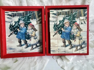 Vintage Wooden Block Toys 6-Sided, Victorian Winter Scene Christmas Tree, Puzzle - Image 1 of 4