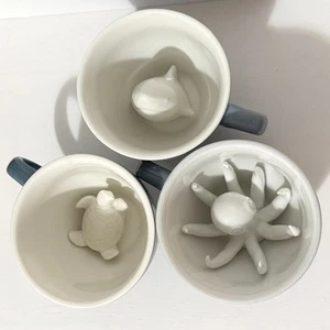 SET 3 SEA CREATURE CUPS - Octopus + Turtle + Shark Mugs Blue & White 11 oz. - Picture 1 of 8