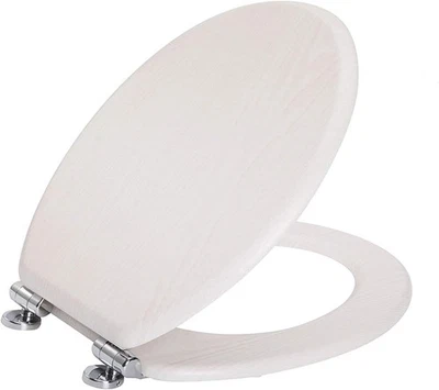 Angel Shield Antibacterial Wooden Toilet Seat, Adjustable Hinges (White Oak)