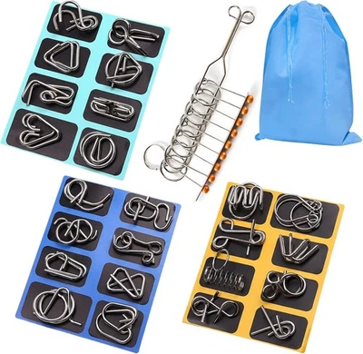 Juego de 24 rompecabezas de alambre de metal con bolsa, rompecabezas prueba de coeficiente intelectual truco juguete para fiesta Foto 1 de 4