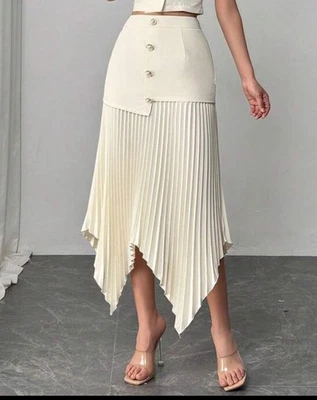 Falda midi plisada crema Shein XS dobladillo asimétrico cintura alta detalle de botones Foto 1 de 4