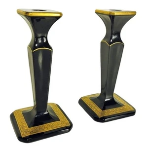 Portacandele vintage anni 20 30 vetro nero bordo oro dorato art deco quadrato conico - Foto 1 di 12