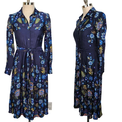 Vestido Camisa Boden Kate Satén 6 Azul Floral Midi Botón Delantero Manga Larga Cinturón Foto 1 de 4