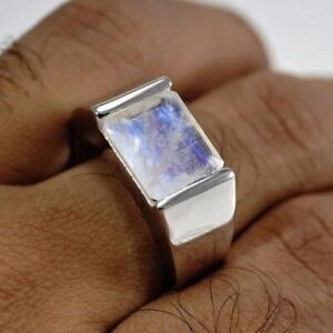 Solid 925 Sterling Silver Natural Blue Moonstone Cut Gemstone Men's  Ring  -19