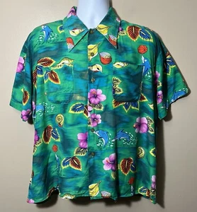Mens 1970s Green Floral Hawaiian Shirt Comical Dolphins by Andrew Lewis Size XL - Picture 1 of 6