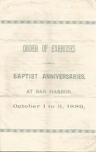 ORDER OF EXERCISES: BAPTIST ANNIVERSARIES, AT BAR HARBOR, MAINE 1889 PROGRAM - Imagen 1 de 2