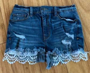 Mudd FLX Stretch Jean Shorts Women's Size 5 Blue Stretch Denim Lace Front - Picture 1 of 4