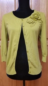 CASLON Green Flower Embellished 3/4 Sleeve Cotton Cardigan Sweater Size Small - Picture 1 of 11