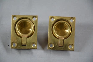 PAIR VINTAGE NOS RECTANGLULAR INSET SOLID BRASS LIFT UP ROUND RING HANDLE (G56) - Picture 1 of 9