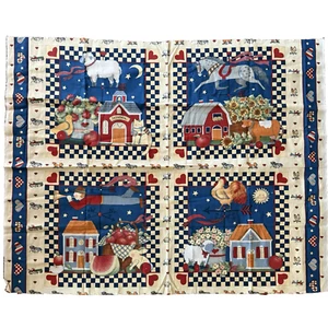 Vtg 90s Susan Winget Fabric Panel Farm School Quilt Blocks Farm Pillow Panels - Picture 1 of 7