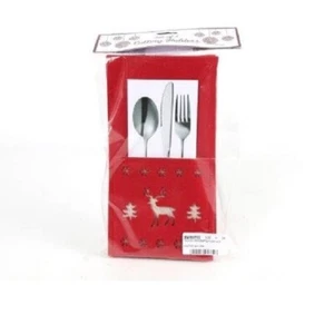 Juego de 4 soportes de cubiertos de Navidad para copos de nieve y renos de fieltro rojo mesa de Navidad - Imagen 1 de 1