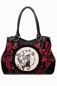 Burgundy Phoenix Cat Kitty Flocked Floral Rockabilly Punk Emo Gothic Bag BANNED - Picture 1 of 5