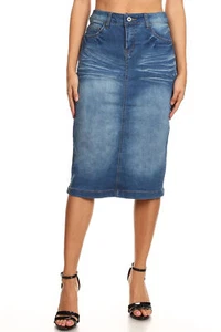 Women's Juniors/Plus Size calf - Length Pencil Stretch Denim Skirt - Picture 1 of 41
