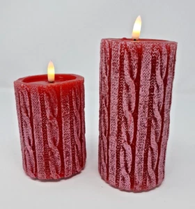 NEW Two Red Knit Wax LED Timer Pillar Candle (1 - 3"x4" + 1 - 3"x6") by Ashland - Picture 1 of 6