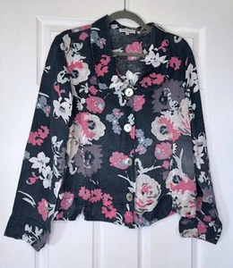 SAHARA Navy FLORAL 100% Linen Button Up Elegant Jacket Size Medium - Picture 1 of 9