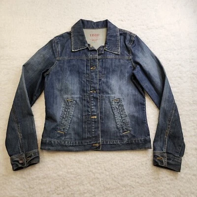 Jaqueta jeans vintage Izod Y2K Sm azul desbotada bolsos colarinho botão - Imagem 1 de 4