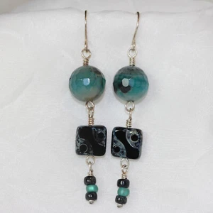 Dangle Earrings Handmade USA Sterling Silver Agate Stones Blue Black Czech Boho - Picture 1 of 5