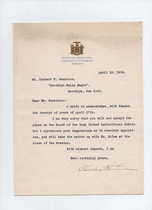 New York Governor Charles S. Whitman SIGNED 1916 letter to Herbert F. Gunnison - Picture 1 of 1