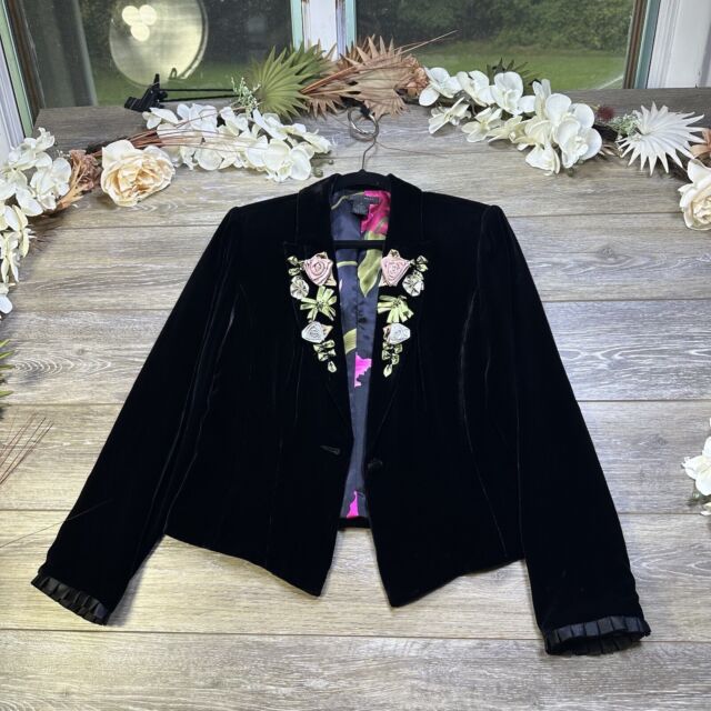 Vintage Velvet Silk Blazer Jacket Size 8 Black jacket With Flowers