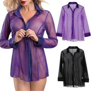 Sexy Sleepwear Long Sleeve Shirts Womens Mesh Sheer Shirt Pajamas Transparent - Picture 1 of 8