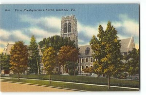 Erste Presbyterianische Kirche, Roanoke, VA - 1940er Leinen Postkarte - Bild 1 von 2