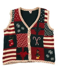 Holiday Editions Ugly Christmas Sweater Vest L Patchwork Red Black Granny Cabin - Picture 1 of 8