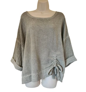 Italian Lagenlook Top Washed Linen round neck Ruched tie Tunic One Size UK 10-16 - Picture 1 of 15