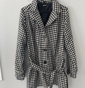 Jou Jou Womens 2X Belted Houndstooth Black & White Pea Coat Jacket Button Up - Picture 1 of 10