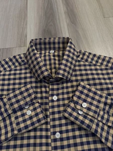 State & Liberty Shirt Mens Medium beige navy Gingham Performance Long Sleeve - Picture 1 of 8