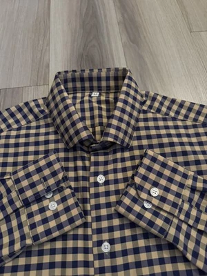 State & Liberty Shirt Mens Medium beige navy Gingham Performance Long Sleeve - Image 1 of 4