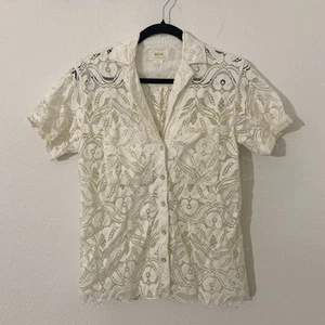 Maeve Anthropologie Women’s Blouse S Beige Floral Lace Sheer Collared Button S/S - Picture 1 of 3