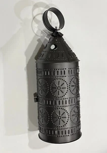 Large Baker's Lantern Smokey Black Punched Tin Candle Holder Farmhouse 16" Tall - Picture 1 of 6