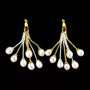Summer 925 Silver Earrings Round Ruby Pearl Natural Gemstone Jewelry - Picture 1 of 13